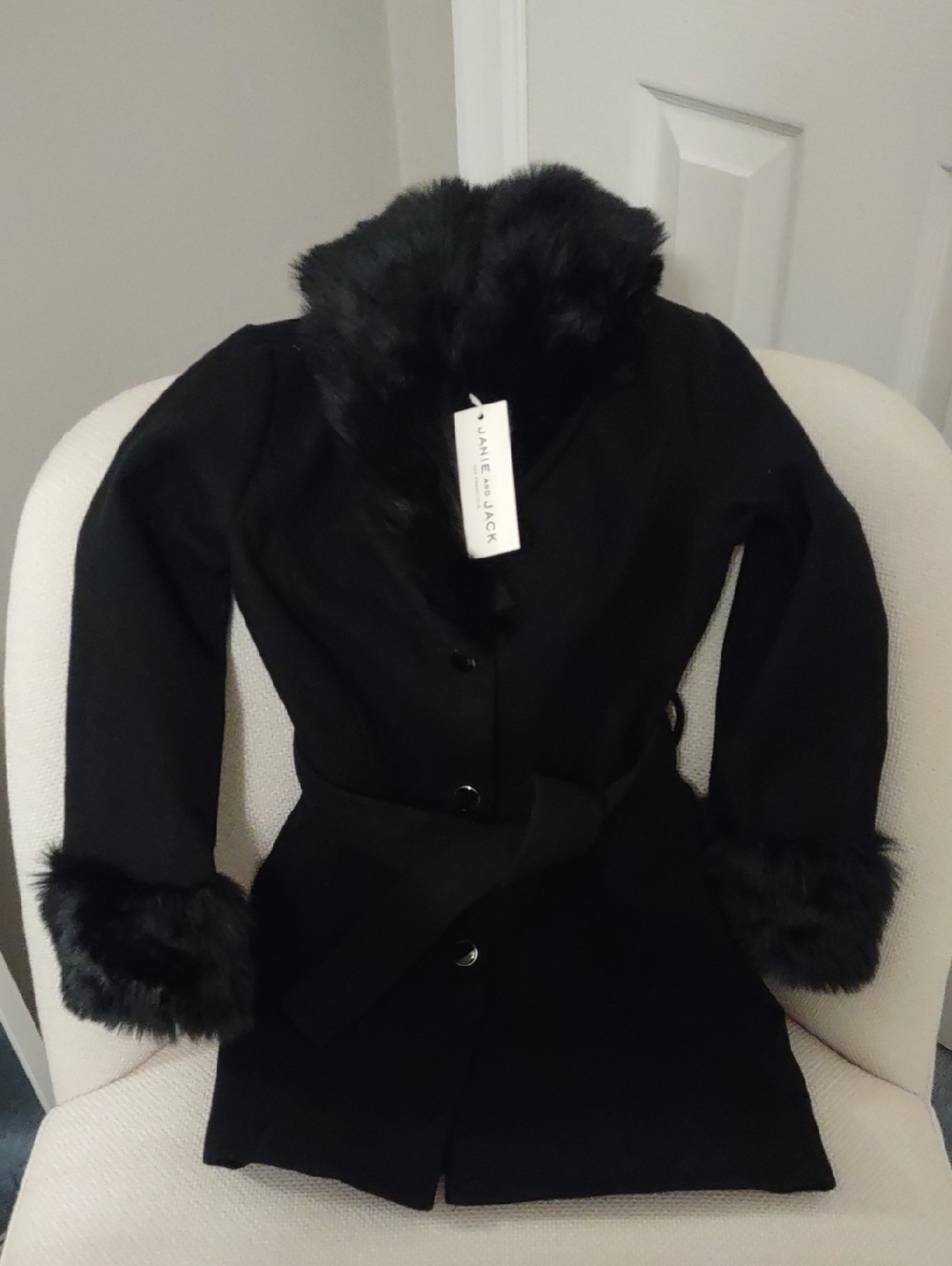 Janie and Jack Black Wool Trench Coat with Faux-Fur Trim Girls Size 5-6